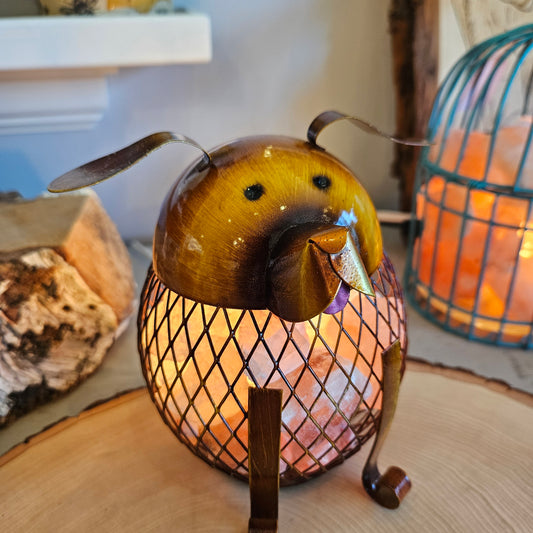 Dog shaped salt lamp on a shelf